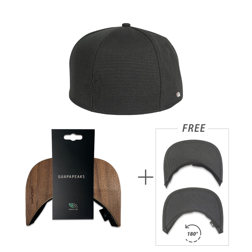 Black 6 Panel Cap Set | Walnut Wood + Free Fabric Visor